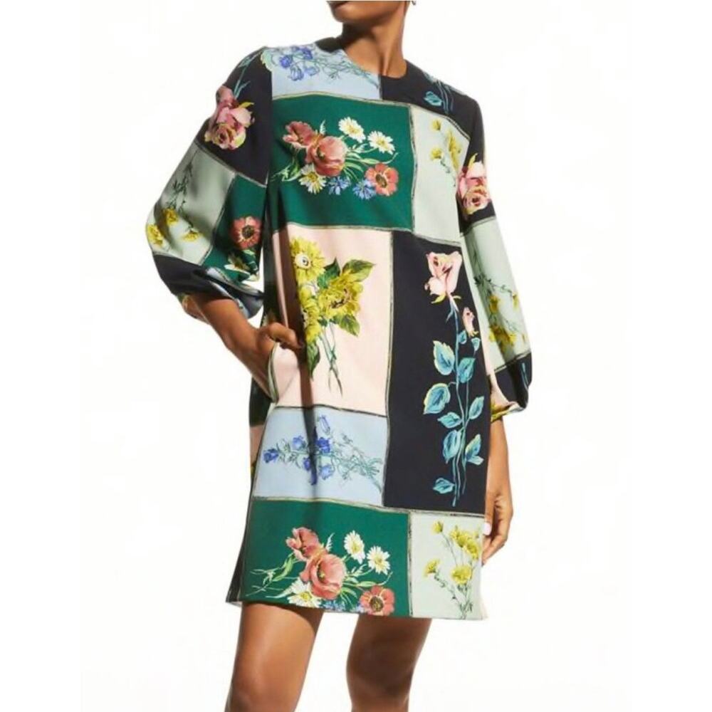 Lela Rose Patchwork Floral Print Crepe Shift Dress Womens 8 Balloon Sleeves Chic